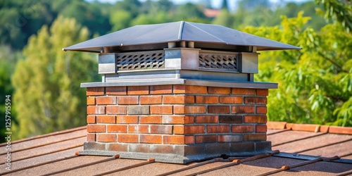 A chimney cap installed on a roof, securely fastened with screws or nails, preventing rodents from entering the building through gaps and crevices , home safety, pest prevention