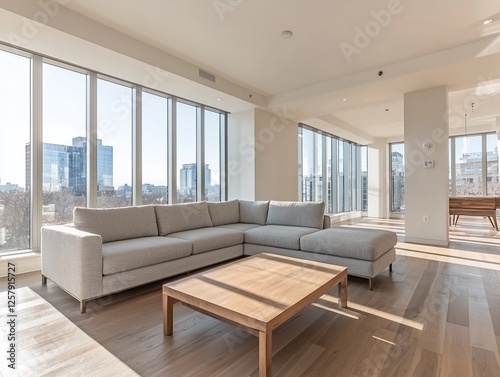 A modern minimalist interior design in a living room with windows visible and sofas and tables. Generative AI 