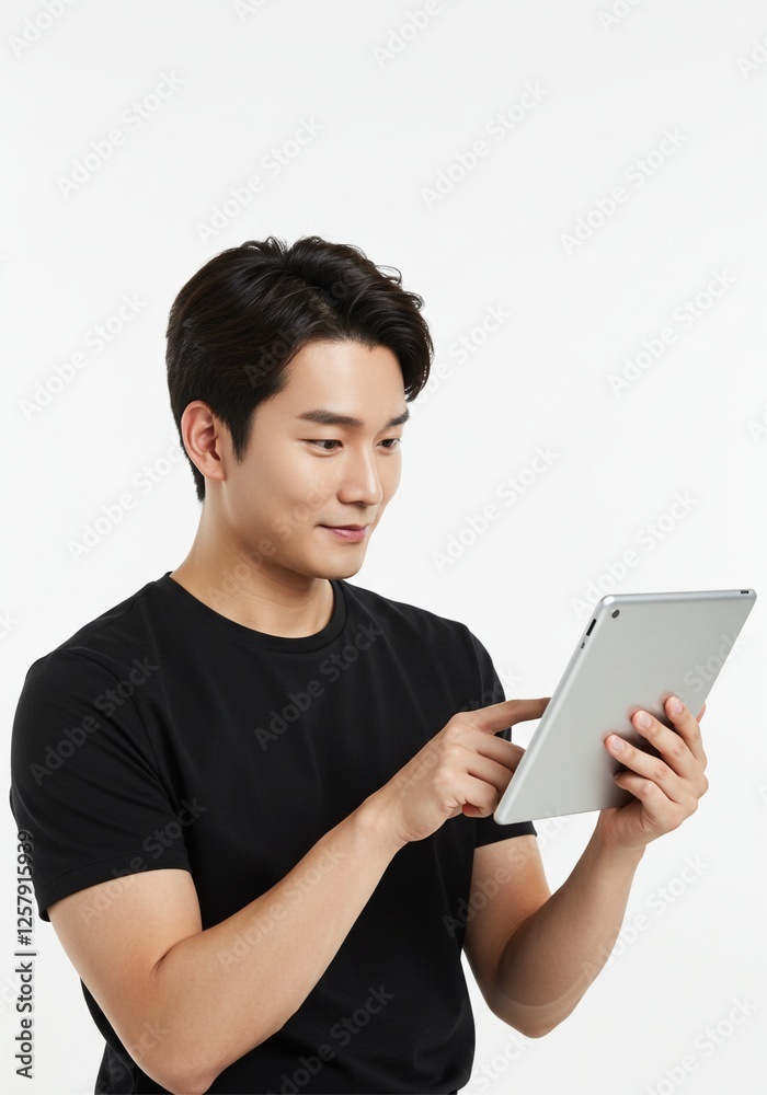 Happy young man using digital tablet wearing plain t-shirt isolated on white background . Ai generative Happy young man using digital tablet wearing plain t-shirt isolated on white background . Ai generative