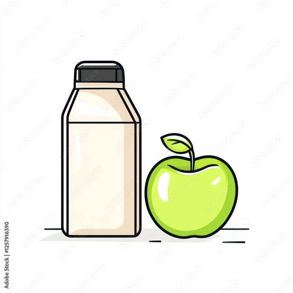 Healthy snack, carton of milk and green apple, simple graphic, healthy eating illustration, for use in children's nutrition guides, or food packaging Healthy snack, carton of milk and green apple, simple graphic, healthy eating illustration, for use in children's nutrition guides, or food packaging