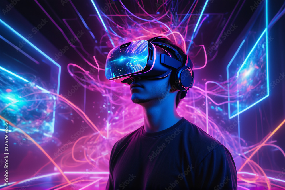 A person wearing an advanced VR headset with neon colors A person wearing an advanced VR headset with neon colors