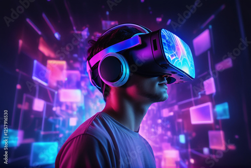 A person wearing an advanced VR headset with neon colors