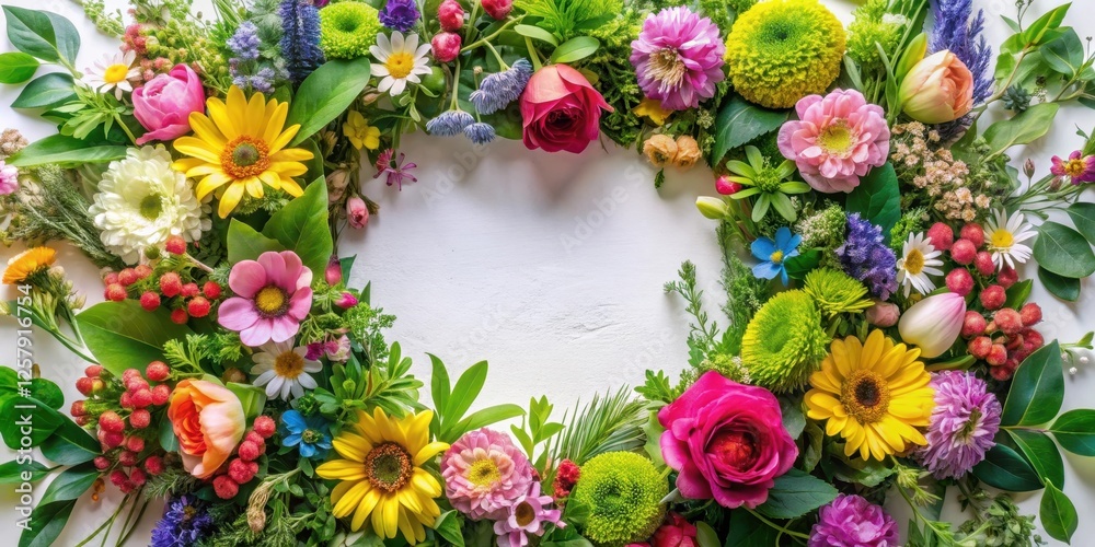 Fototapeta premium Vibrant Spring Border with Mixed Floral Wreath and Greenery, blooming plants, spring