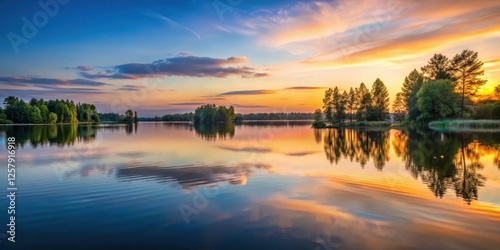 A serene lake at sunset with soft water ripples and surrounding trees reflected in the calm surface, derwent water photo