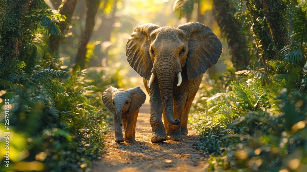 Fototapeta premium Mother Elephant and Calf Walking Through Lush Jungle