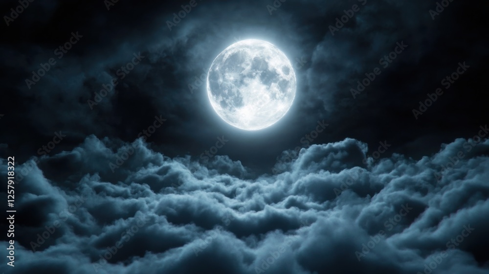 Fototapeta premium A lone wolf howling at the full moon, dramatic clouds partially covering the moonlight, eerie yet mesmerizing, deep contrast between light and darkness, ultra-detailed fur textures