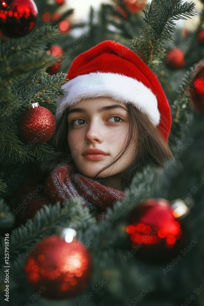Woman hiding behind Christmas tree Woman hiding behind Christmas tree