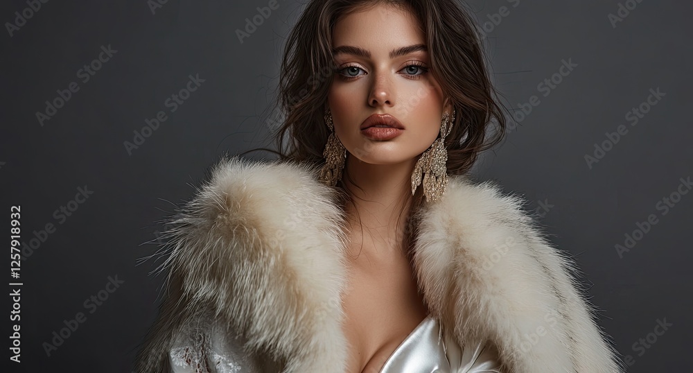 Beautiful woman in a white dress and fur coat posing against a grey background Beautiful woman in a white dress and fur coat posing against a grey background