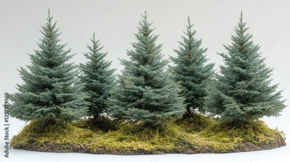 Fototapeta premium Four spruce trees on moss, studio shot, holiday