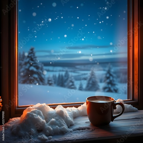 Una taza de café al borde de la ventana