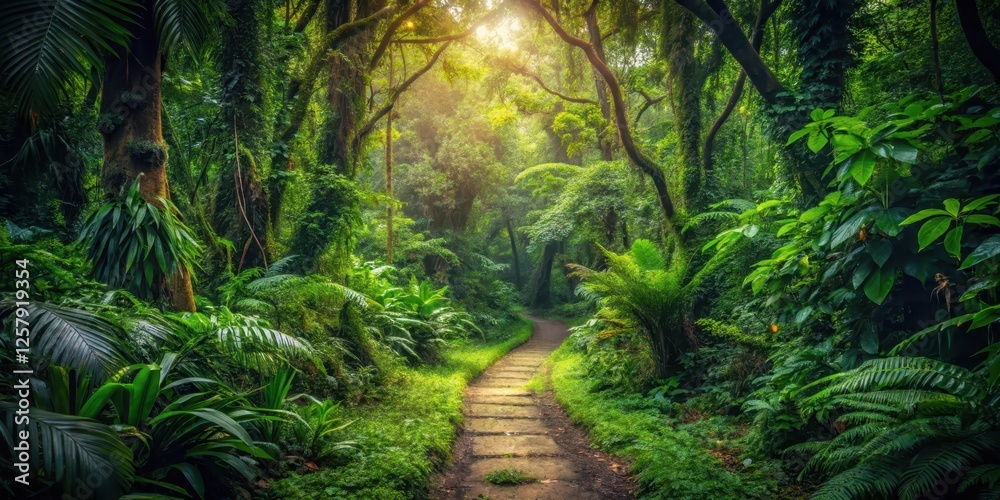 Fototapeta premium forest pathway winding through dense foliage , lush vegetation, overgrown, lush vegetation