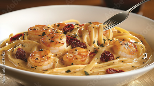 Creamy Tuscan Shrimp Linguine in a Rustic Bowl photo
