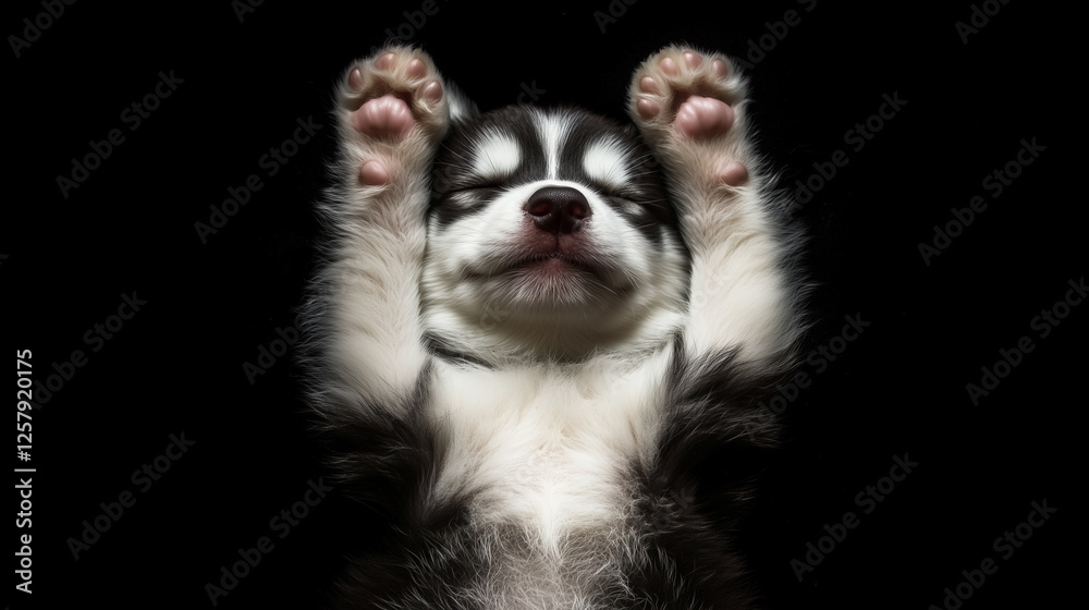 Obraz premium A Husky puppy sleeping on its back, paws up in the air, looking like a fluffy little cloud