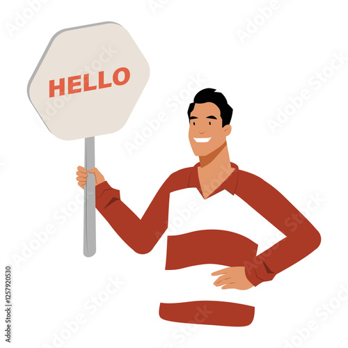 Man Holding A Hello Sign In Flat Vector Illustration Symbolizing Greeting, Introduction, And Social Interaction, Isolated On White Background