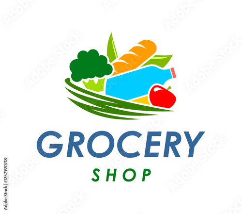 Grocery store or food shop and supermarket emblem with products, vector icon. Grocery store sign of basket or shopping bag with baguette bread, milk bottle or broccoli with fruits and vegetables