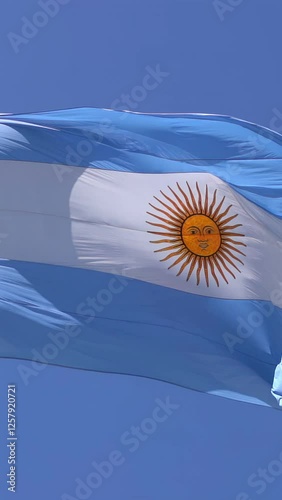 Argentinian flag waving on blue sky background. Vertical video
