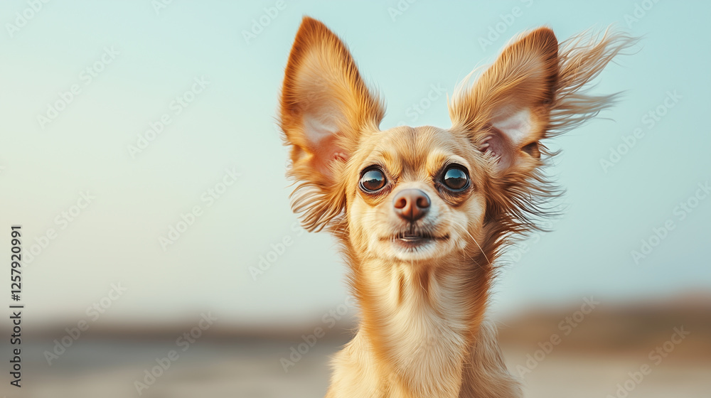 Fototapeta premium A Chihuahua with giant ears, looking surprised and confused as the wind blows them up