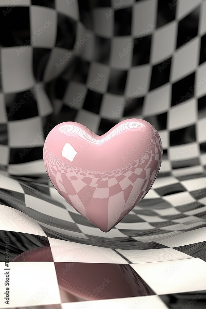 Obraz premium Pink heart on a black and white checkered background retro Valentine's Day card design