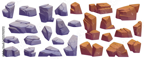 Cartoon rock stones, mountain brown crag and grey cliff. Vector big boulders of rubble, gravel or granite, broken blocks and cobbles of mountain rocks. Cartoon gray and brown stones isolated set