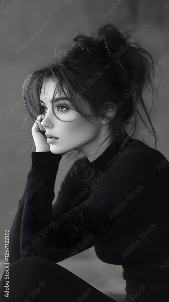 Monochromatic portrait of a woman in thoughtful repose with natural light and serene expression. Monochromatic portrait of a woman in thoughtful repose with natural light and serene expression.