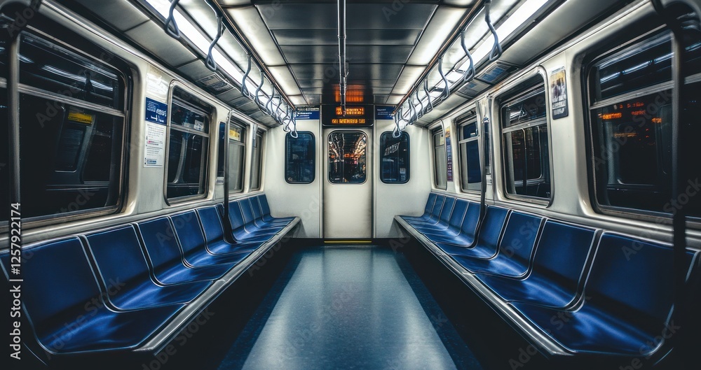 Obraz premium Empty subway car, nighttime city lights, transit system, public transport