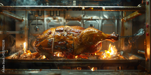 Close-Up of Roasting Meat in Oven with Flames and Smoke, chicken roast, 
