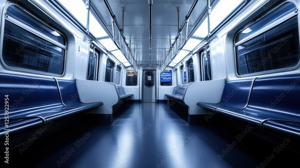 Obraz premium Empty train car with seating, overhead lighting, and side windows