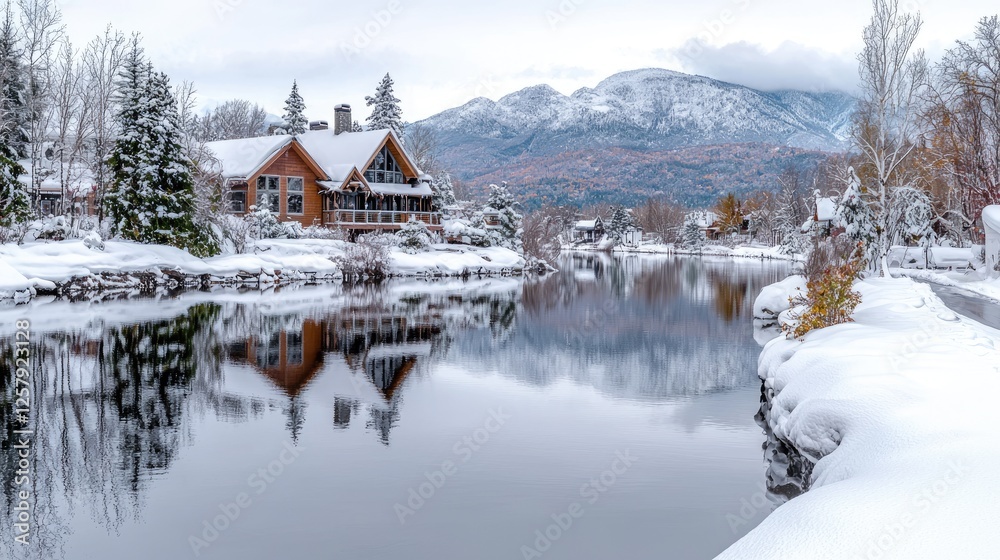 Obraz premium Snowy mountain lake cabin winter reflection