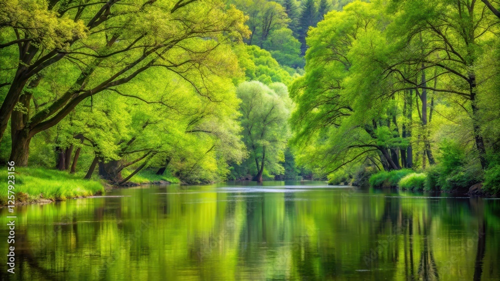 Serene forest landscape with lush green trees budding along the tranquil river bank surrounded by tall trees and dense foliage, New Growth, Lush Green Trees