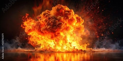 Fiery explosion erupts in a dark canvas, orange and red hues dominating the scene as flames dance across the surface