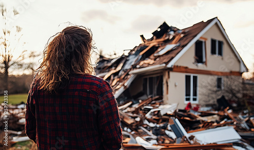 Home damaged by severe weather with a person looking concerned photo