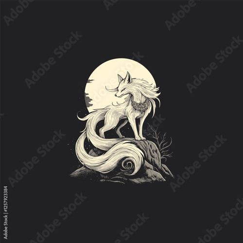 Kitsune japanese nine tailed fox spirit design vector template logo t-shirt illustration