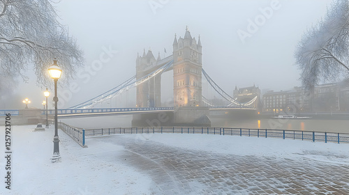 Snowy London Bridge, foggy sunrise