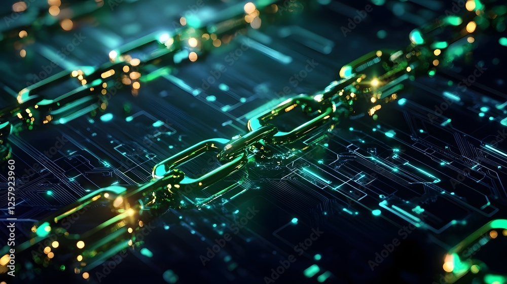Glowing Green Circuits and Blockchain Elements in Digital Transformation Abstract Background Glowing Green Circuits and Blockchain Elements in Digital Transformation Abstract Background