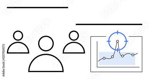 Three stylized figures next to chart with a target icon over data graph. Ideal for teamwork, analytics, strategy, goal-setting, collaboration, business efficiency, abstract line flat metaphor