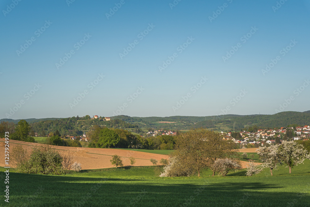Spring landscape in the Odenwald, view of the town of Reichelsheim, Hesse, Germany Spring landscape in the Odenwald, view of the town of Reichelsheim, Hesse, Germany