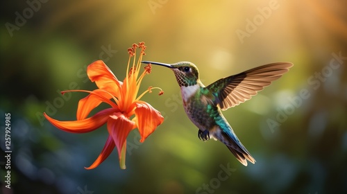 A vibrant hummingbird hovering mid-air, its iridescent green and blue feathers shimmering under the golden sunlight 