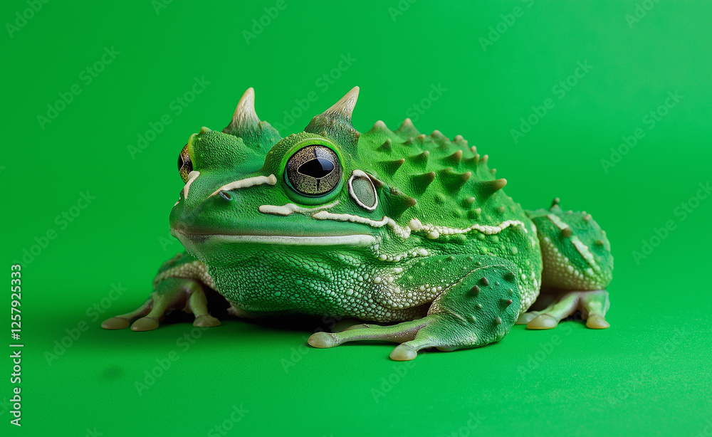 A spiky green frog with small horns resting against a vibrant green background, displaying an unusual and exotic appearance. A spiky green frog with small horns resting against a vibrant green background, displaying an unusual and exotic appearance.
