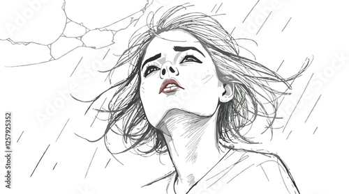 Hand-drawn sketch of a woman looking up in the rain.