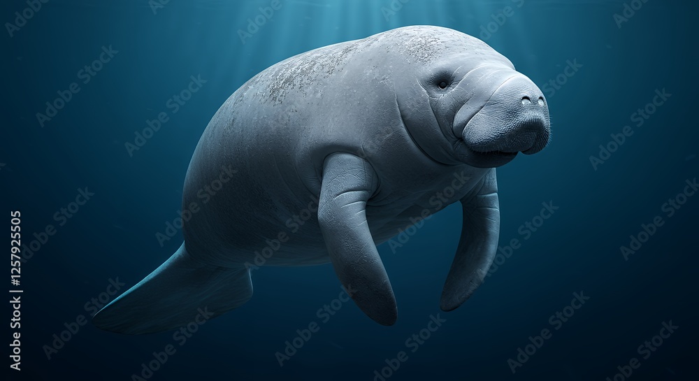 Fototapeta premium Manatee Swimming Gently Underwater with Sun Rays in Ocean