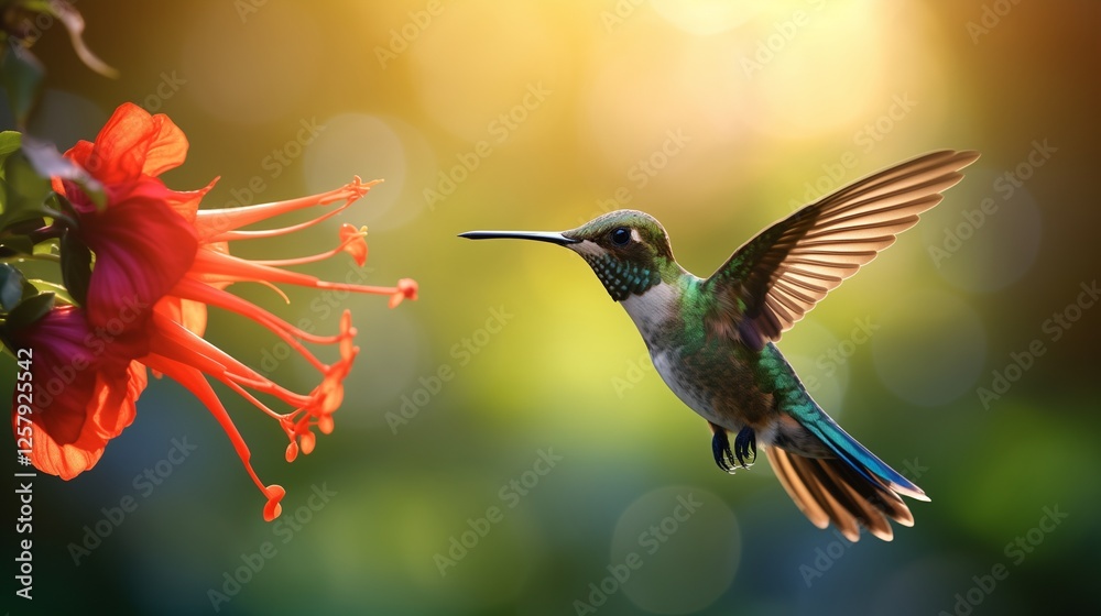Naklejka premium A vibrant hummingbird hovering mid-air, its iridescent green and blue feathers shimmering under the golden sunlight