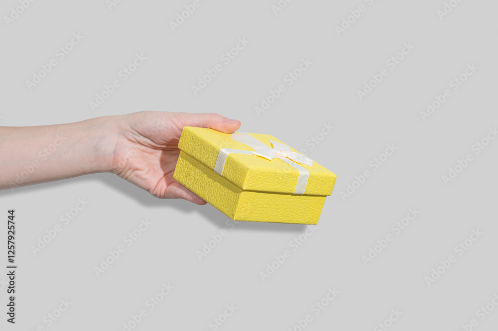 Hand holding yellow gift box on a light background. Concept of mock up or banner for holiday Hand holding yellow gift box on a light background. Concept of mock up or banner for holiday