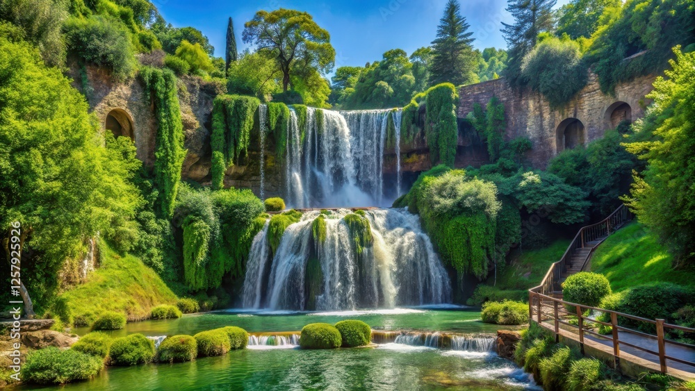 Fototapeta premium Majestic Tivoli waterfall in lush greenery and park surroundings, green, outdoor, green, outdoor, Italy