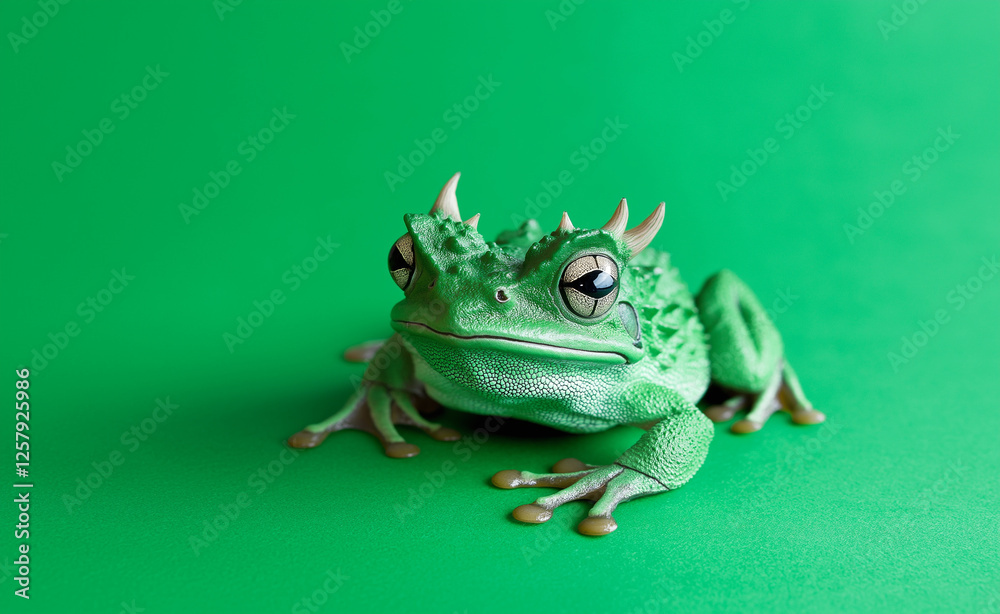 A spiky green frog with small horns resting against a vibrant green background, displaying an unusual and exotic appearance. A spiky green frog with small horns resting against a vibrant green background, displaying an unusual and exotic appearance.