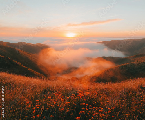 Sunrise over misty hills symbolizing calmness and a new day photo