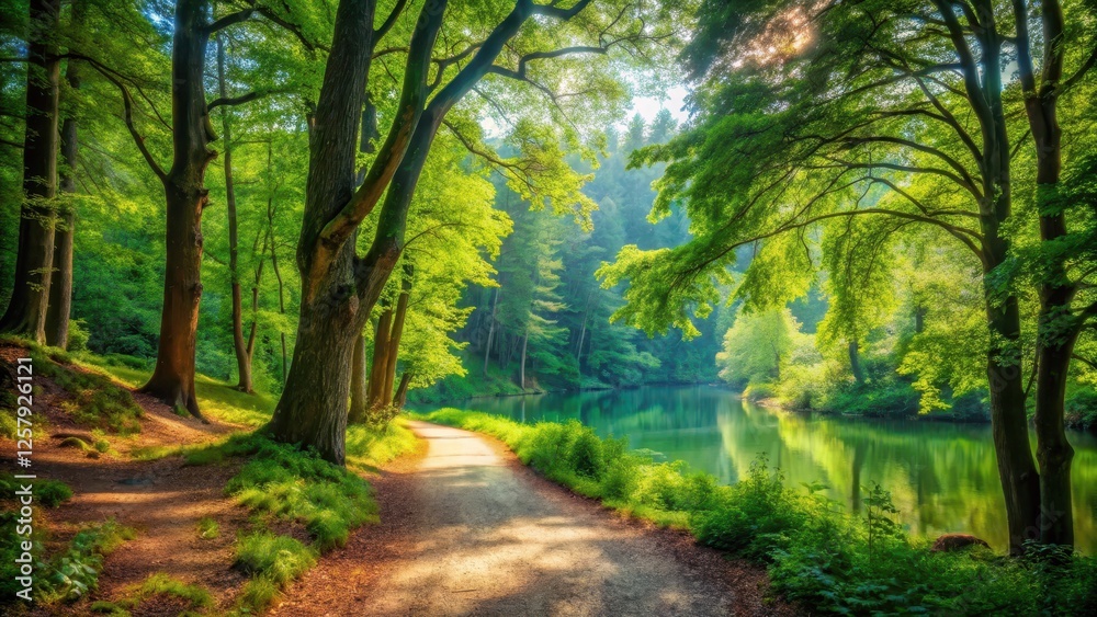 Obraz premium Serene forest pathway surrounded by lush greenery and vibrant foliage, winding through the trees towards a distant lake, forest path, outdoor scenery