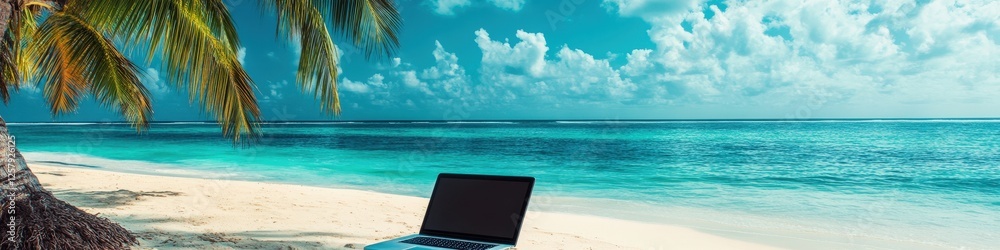 laptop on tropical beach background. Selective focus laptop on tropical beach background. Selective focus