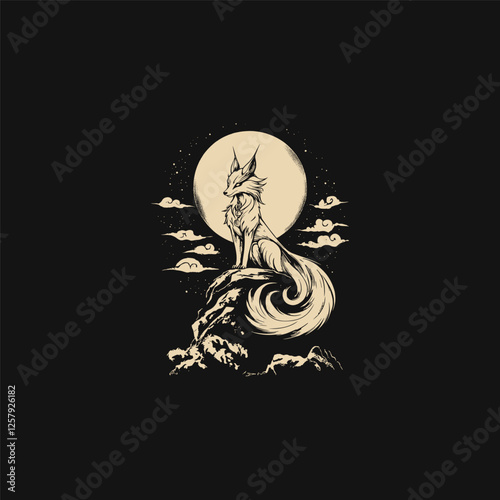 Kitsune japanese nine tailed fox spirit design vector template logo t-shirt illustration