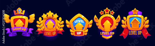 Level up ui game medal reward, rate icons or badges depicting user achievements with upward arrows, stars, ribbons and crown symbols. Vector award, winning trophy, ranks signify progress and success