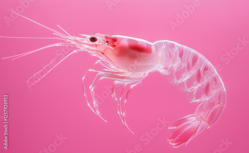 A translucent shrimp with delicate legs and long antennae floating against a vibrant pink background, creating a surreal and ethereal effect. photo